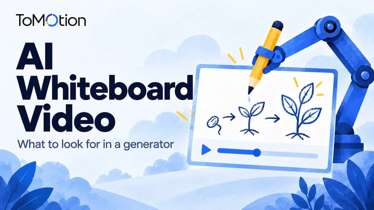 AI Whiteboard Video — a drawing arm illustrates a leaf lifecycle.