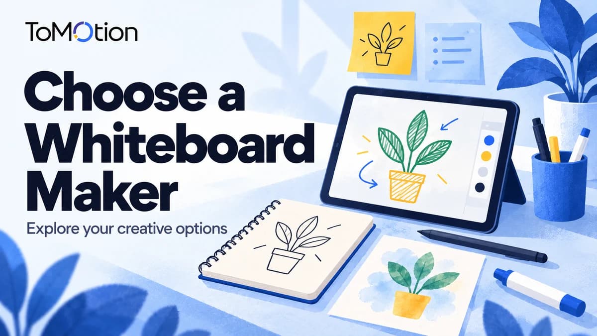 Choose a Whiteboard Maker — paper and digital drawing tools share a desk.