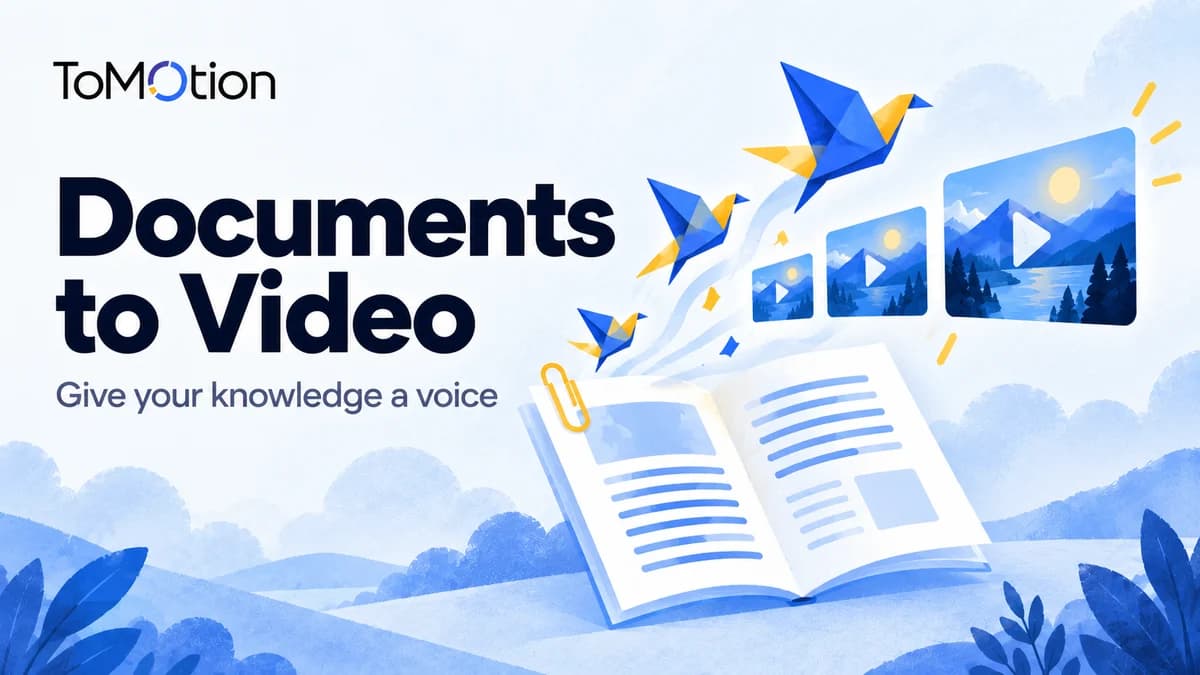 Documents to Video — pages become paper birds and video frames.