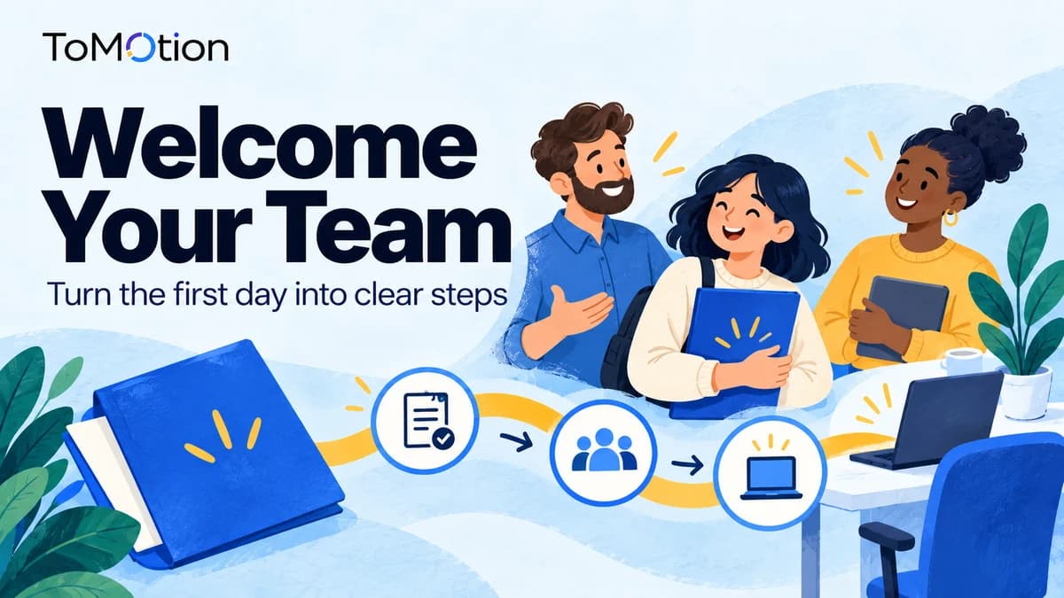 Welcome Your Team — Friendly diverse coworkers, a welcome folder and an illustrated three-step path toward a workstation.
