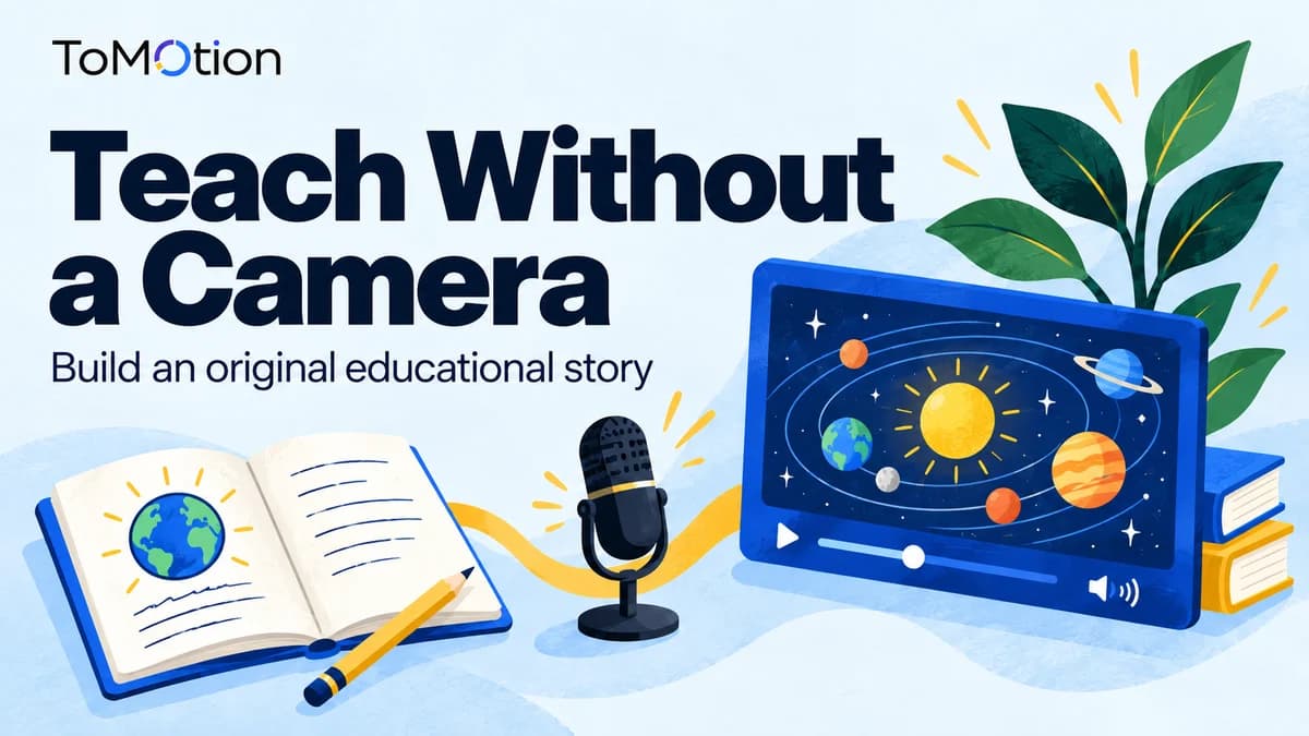 Teach Without a Camera — A microphone beside a book and a landscape video frame filled with an illustrated orbit diagram, no human presenter.
