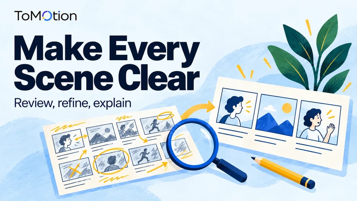 Make Every Scene Clear — A busy storyboard card beside a clear spacious storyboard card, a magnifying glass and carefully placed yellow editing marks.