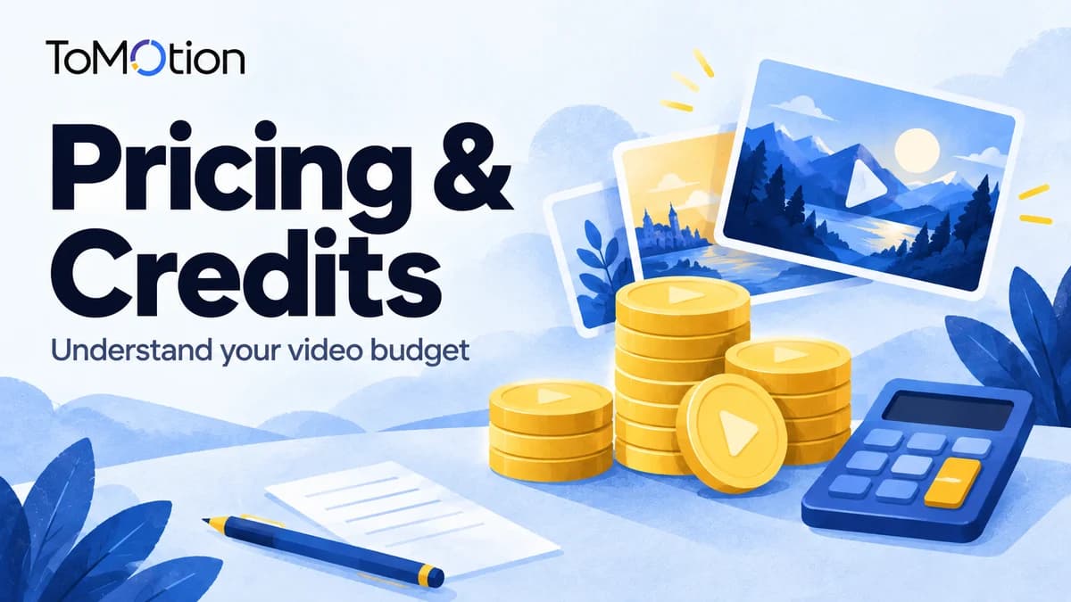 Pricing & Credits — video tokens, scene cards and a calculator.