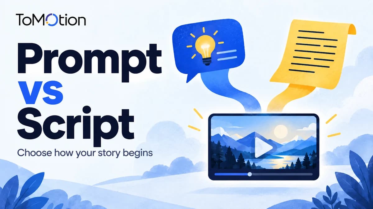 Prompt vs Script — a speech bubble and manuscript lead to a video.