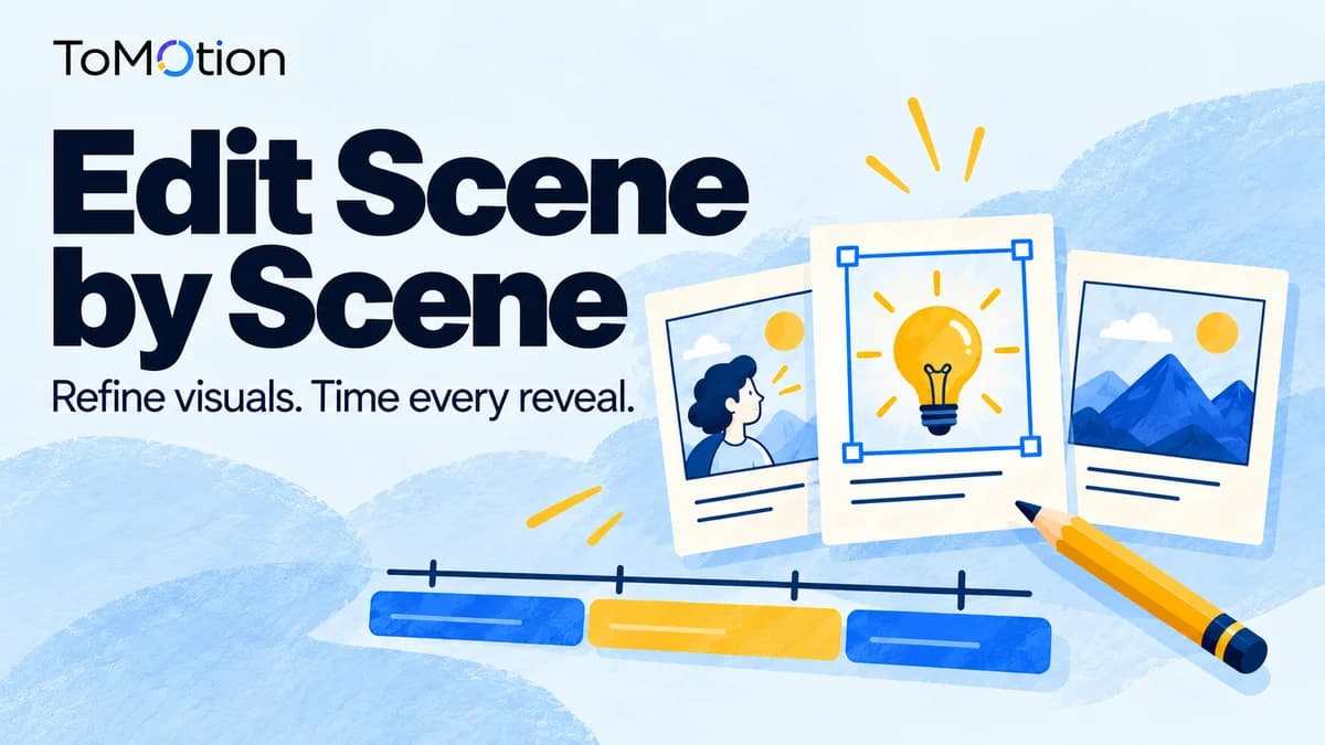 Edit Scene by Scene — illustrated storyboard cards, a lightbulb inside an object boundary, and a blue and yellow animation timeline.