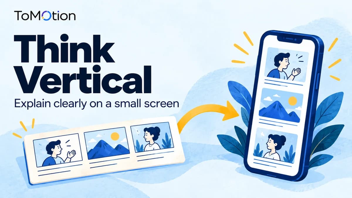 Think Vertical — A tall smartphone with three stacked illustrated scene cards beside a landscape storyboard, arrows indicating thoughtful reframing.