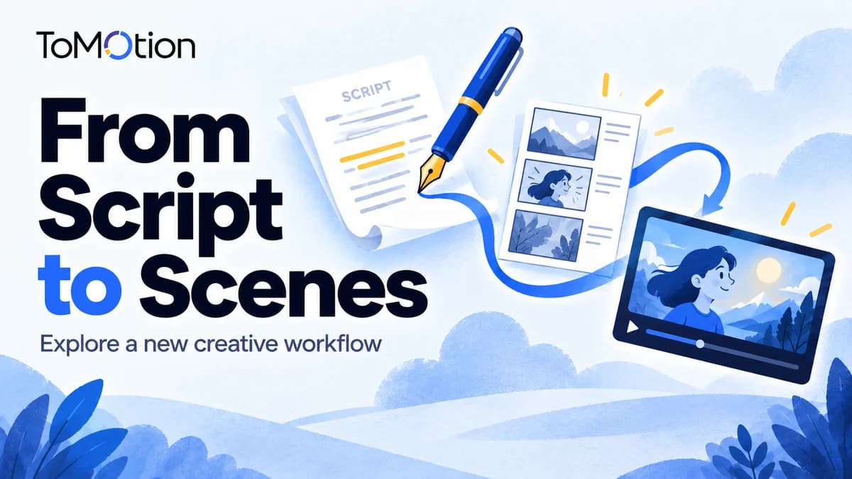 From Script to Scenes — a pen connects narration to a visual explanation.