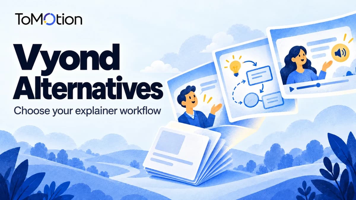 Vyond Alternatives — illustrated storyboard cards compare a business character, process diagram and narrated lesson.