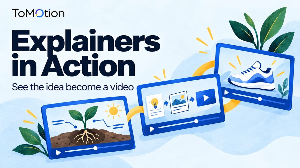 Explainers in Action — Three overlapping video frames showing a simple plant diagram, a clear workflow and a product concept.