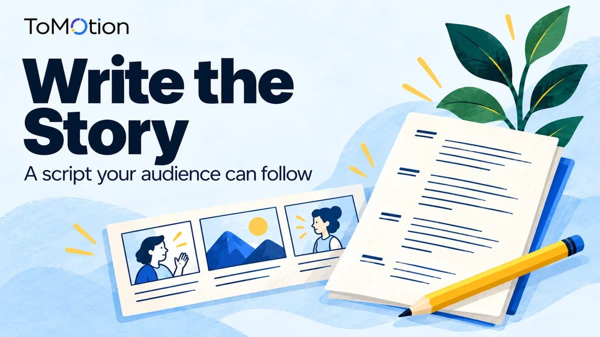 Write the Story — A paper script with navy lines aligned with three drawn storyboard panels and a yellow pencil.